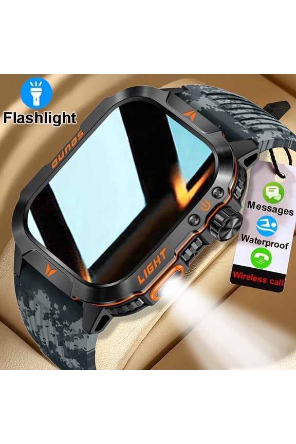 FANRUINA 2. 01" Smart Watch with LED Flashlight, 100+ Sports Modes, Step Counter, and Information Display, Compatible with iPhone and Android, Men's Gift