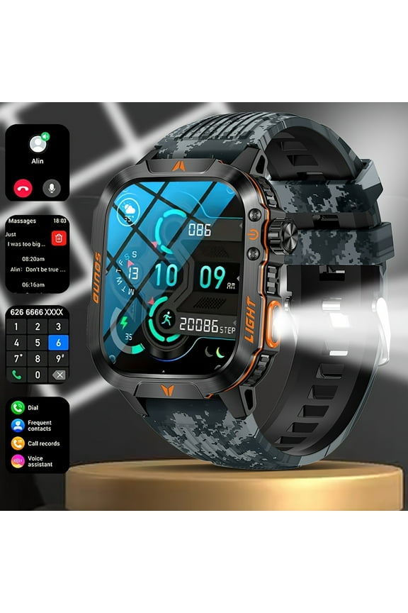2.01" Smart Watch for Men, HD Display with LED Flashlight, 600mAh Battery, Wireless Calling, 100+ Sport Modes, iPhone/Android Compatible