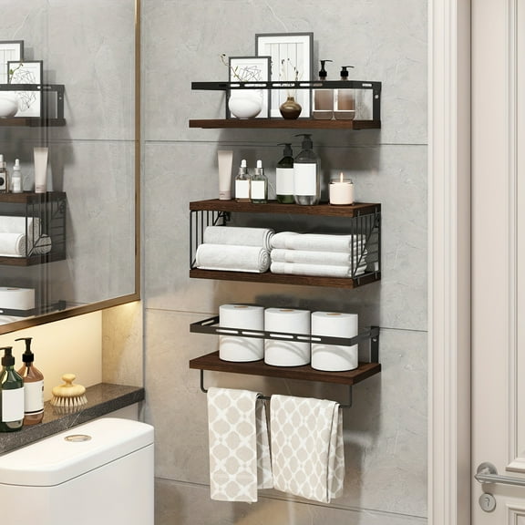 FANRUINA 3-Tier Wall Shelf - Over Toilet Storage with Toilet Paper Holder - Farmhouse Floating Shelves for Bathroom, Bedroom (Heavy Duty Wood)