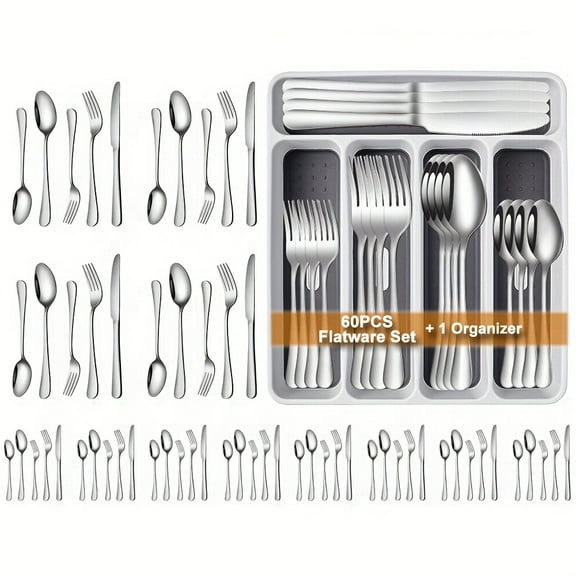 FANRUINA 61pcs Black Silverware Set With Organizer For Home Kitchen Stainless Steel Tableware Set For 12 Includes Knives Forks Spoons Dessert Forks