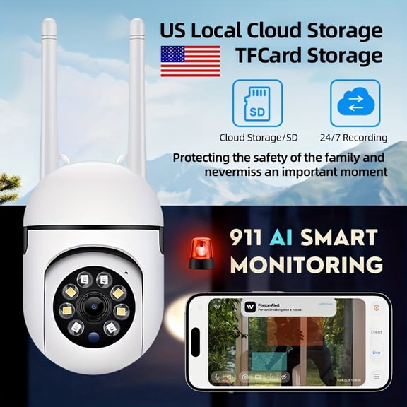 FANRUINA 911 Alarm 2.4/5G WiFi Security Camera, 2K Full HD, Color Night Vision, Two-Way Audio, PTZ, PIR Motion Detection, US Cloud, Remote Viewing, Indoor Camera for Living Room