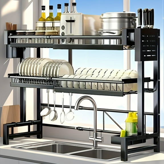 FANRUINA Adjustable Over The Sink Dish Drying Rack, 2-Tier Space-Saving, Multifunctional Baskets, Durable Plastic & Carbon Steel, Sleek Black