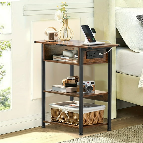 FANRUINA Slim End Table with Charging Station, Narrow Nightstand with USB Ports & Outlets, Brown Skinny Bedside Table with Open Shelf for Small Spaces, Living Room & Bedroom