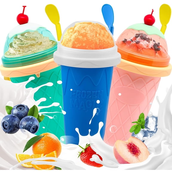 FANS-ONE Slushie 3 Pack Frozen Magic Slushy Reusable Slushy Maker Cup for Juice Ice Cream Milk Yogurt, DIY Cups with Lid & Straw Cool Stuff Things for Kids Friends Family (Blue+Pink+Green) Y101