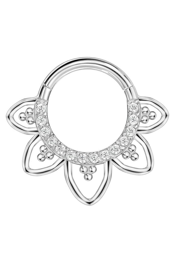 Lotus Septum Jewelry 16g Septum Ring Surgical Steel Piercing Rings 16 Gauge 8mm Daith Hoop Earring with Clear Cubic Zirconias and tri-ball