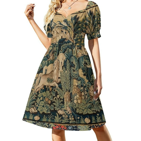 FANTASTIC ANIMALS AND HORSES IN WOODLAND Blue Green Ivory Antique French Tapestry Dress prom dresses 2024 party dresses women