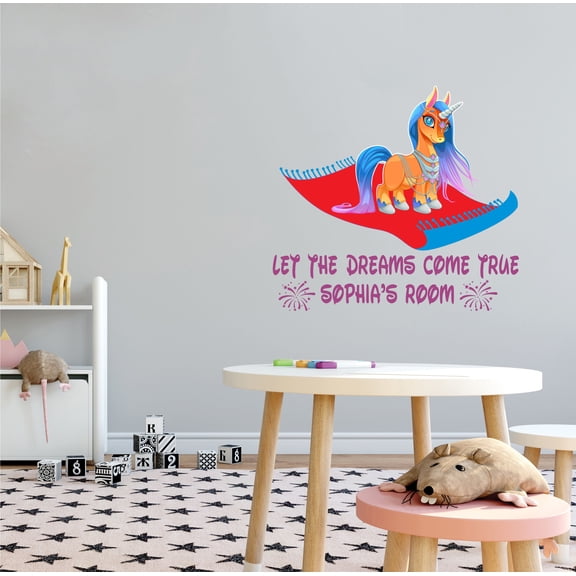 FANTASY - Kids Bedroom Nursery Fantasy Art Decoration Magic Carpet & Multicolored Unicorn Design Easy To Apply Vinyl Wall Decal - Home Art Customized Name Lettering Art Wall Décor Sticker 10" x 9"