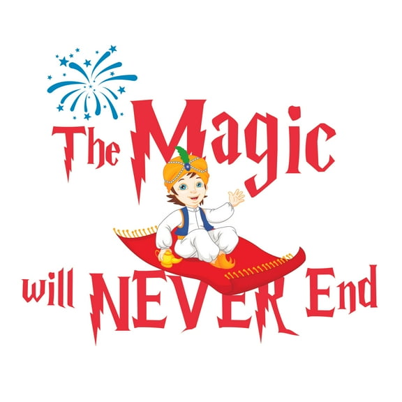FANTASY - The Magic Will Never End - Easy To Apply Lettering Art Quotes Decoration Young Boy Prince Magic Carpet Design Vinyl Adhesive Wall Decal - Kids Bedroom Multicolored Wall Sticker 30" x 24"