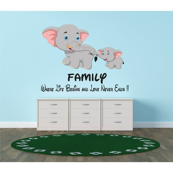 FANTASY - Vinyl Inspirational Family Quotes Lettering Art Decoration - Family Where Life Begins And Love Never Ends - Kids Bedroom Elephant Animals Images Removable Wall Decal Sticker 10" x 8"