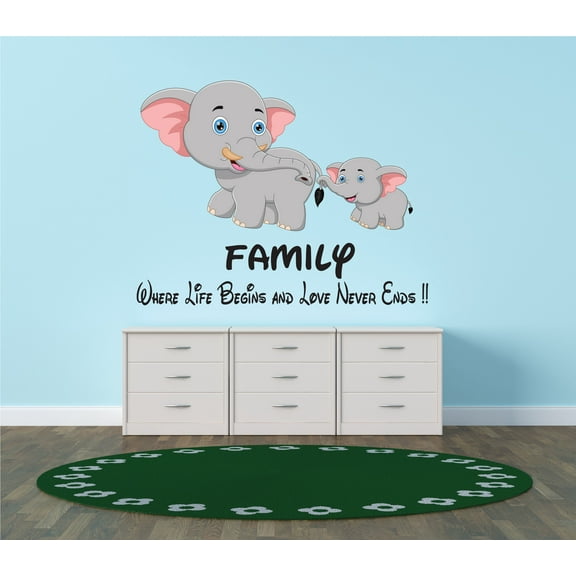 FANTASY - Vinyl Inspirational Family Quotes Lettering Art Decoration - Family Where Life Begins And Love Never Ends - Kids Bedroom Elephant Animals Images Removable Wall Decal Sticker 10" x 8"