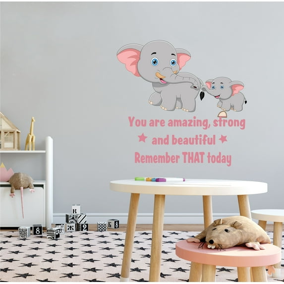 FANTASY - You Are Amazing Strong And Beautiful Remember That Today - Inspirational Quotes Décor Animated Fantasy Film Elephant Animals Design Kids Bedroom Vinyl Adhesive Wall Decal Sticker 40" x 40"