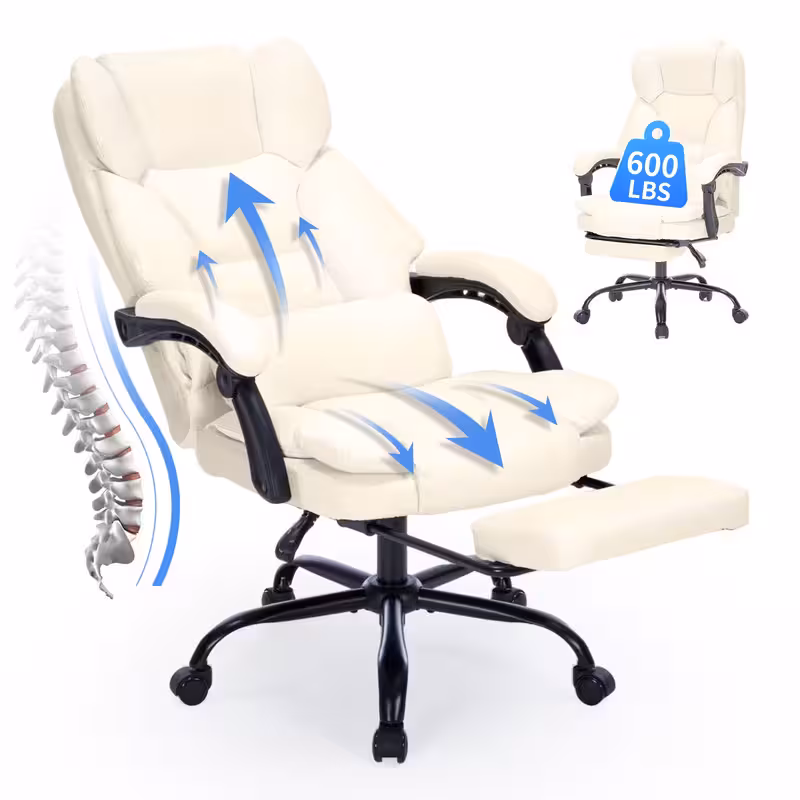 FANTAWESO PU Leather Ergonomic Executive Office Desk Chair, 600lbs Capacity, Reclining Backrest, Spring Cushion Seat, Lumbar Support & Adjustable Armrests for Home Office or Conference Room