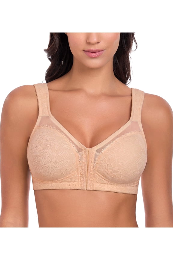 Women's Full Coverage Front Closure Posture Back Support Unpadded Wireless Minimizer Bra,38C
