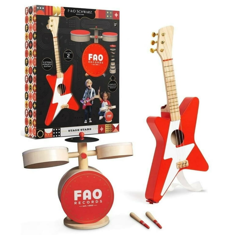 FAO Schwarz F.A.O. Records Stage Stars Toy Wood Rockstar Guitar Drum Set 2pk