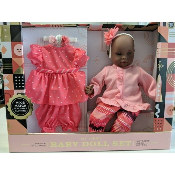 First Baby Doll Playset Soft Bodied 12" African American Doll with 2 Outfits