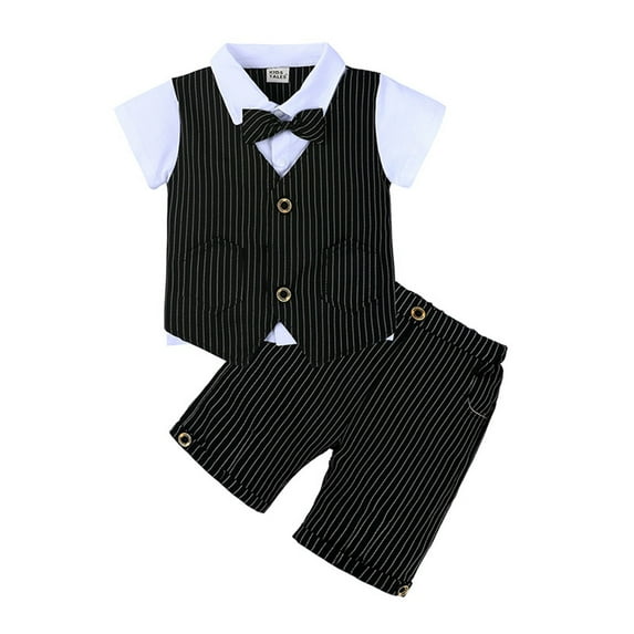 FAOWME 3pcs Baby Boys Toddler Gentleman Wedding Outfits Suit Shirt Shorts Bow Tie Set Black 3-4 Years