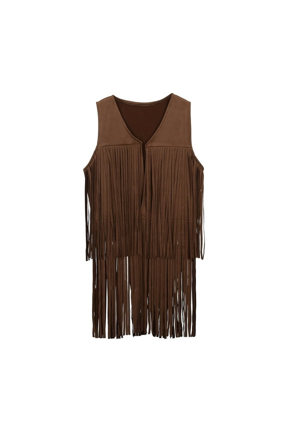 60s 70s Retro Cowboy Cow Girl Vest Outfits Hippie Set Kids Girls Fringe Tassel Vest Party Brown 3-4 Years
