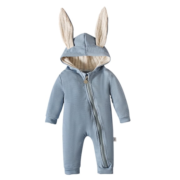 FAOWME Animal Bunny Baby Easter Romper Long Ear Rabbit Hoodie Romper Jumpsuit Onesie With Zipper Blue 0-3 Months
