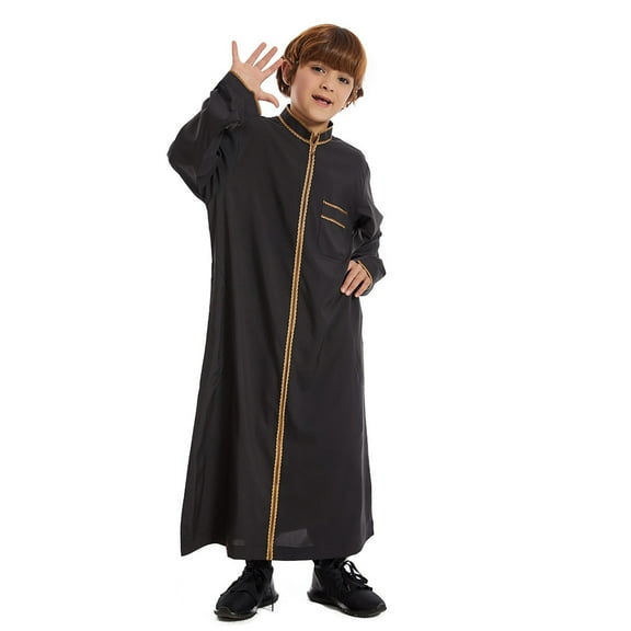 FAOWME Arabic Thobe Long Sleeve Kaftan Crew Robe Boys Long Sleeve Embroidered Robe Set Arab Children Robe Black 5-6 Years