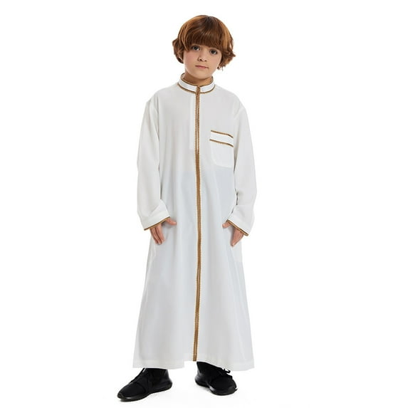 FAOWME Arabic Thobe Long Sleeve Kaftan Crew Robe Teen Boys Long Sleeve Embroidered Robe Set Arab Children Robe White 5-6 Years