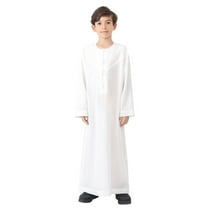 FAOWME Arabic Thobe Long Sleeve Kaftan Crew Robe Teen Boys Long Sleeve Embroidered Robe Set Arab Children Robe White 13-14 Years