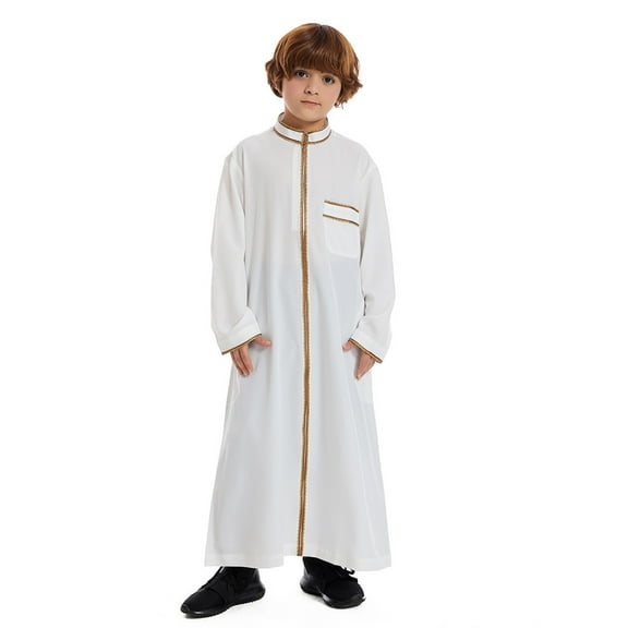 FAOWME Arabic Thobe Long Sleeve Kaftan Crew Robe Teen Boys Long Sleeve Embroidered Robe Set Arab Children Robe White 9-10 Years