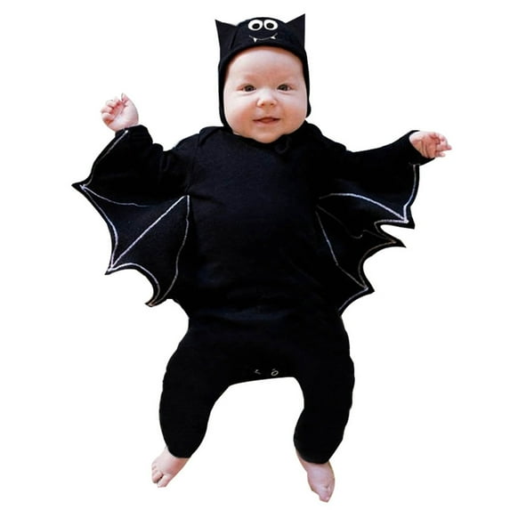 FAOWME Baby Boy Girl Halloween Outfit Long Sleeve Striped Print Breathable Comfortable Cute Bat Romper Jumpsuit With Hats For Party Activity,Black,6-12 Months