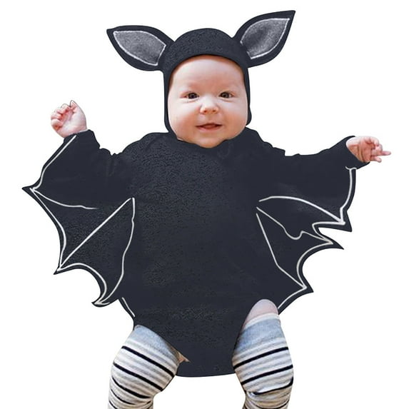 FAOWME Baby Boy Girl Halloween Outfit Long Sleeve Striped Print Breathable Comfortable Cute Bat Romper Jumpsuit With Hats For Party Activity,Dark Gray,18-24 Months