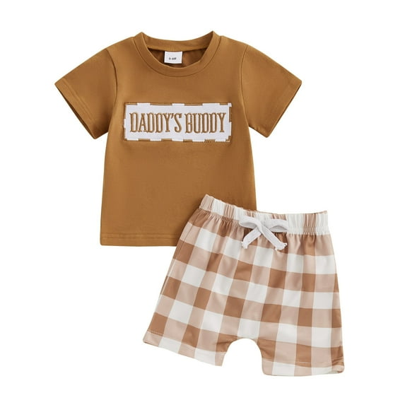 FAOWME Baby Boy Summer Clothes Daddys/Mamas Boy Matching Outfit Short Sleeve Embroidery T Shirt Plaid Toddler Shorts Set,Brown,0-6 Months