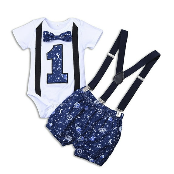 FAOWME Baby Boys Gentleman One-year-old Birthday Romper Straps Shorts Outfits White 12-24 Months