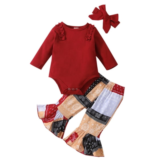 FAOWME Baby Boys Girls Cotton Floral Autumn Long Sleeve Bodysuit Onesie Bell Bottom Headbands Set Clothes A 0-3 Months
