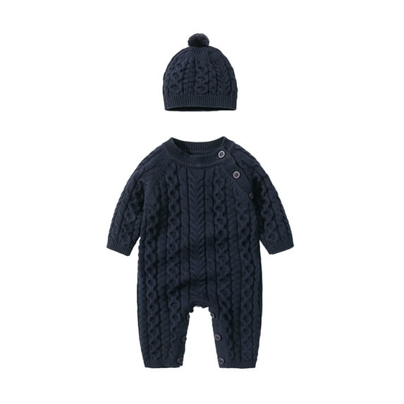 FAOWME Baby Boys Girls Knitted Outfits Long Sleeve Solid Color Buttons Down Warm Comfortable Sweater Romper Jumpsuit Hat Set For Autumn Winter Daily Wear,Dark Blue,0-3 Months