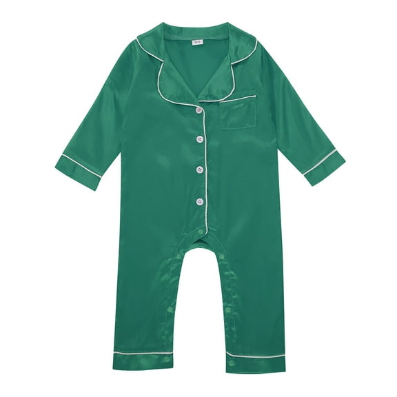 FAOWME Baby Girl Boy Silk Pajamas Rompers Button Down Long Sleeve Satin PJs Jumpsuit Onesie Green 18-24 Months