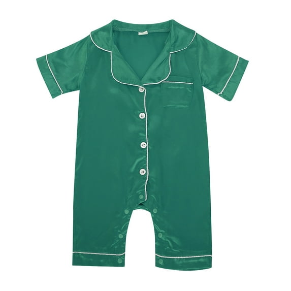 FAOWME Baby Girl Boy Silk Pajamas Rompers Button Down Short Sleeve Satin PJs Jumpsuit Onesie Green 3-6 Months