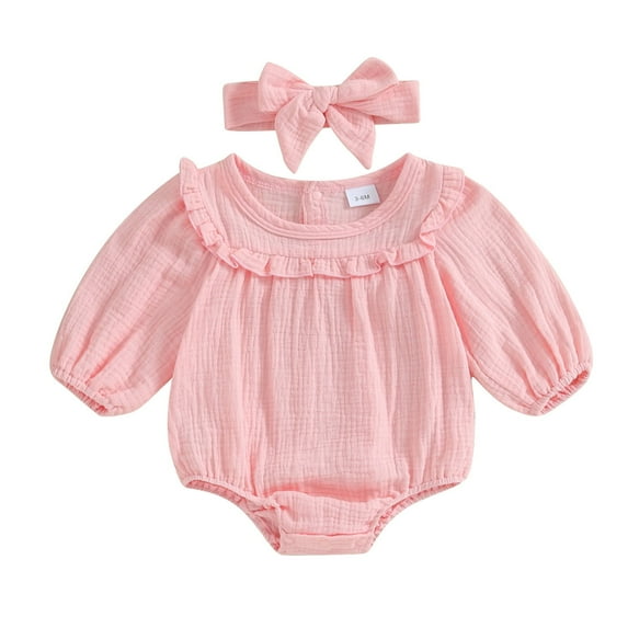 FAOWME Baby Girl Clothes Long Sleeve Romper Solid Color Jumpsuit Onesie Bodysuit+Headband 2Pcs Girl Outfits Red 12-18 Months