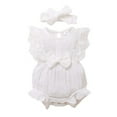 thumbnail image 1 of FAOWME Baby Girl Lace Romper Sleeveless Ruffle Bow Decorated Jumpsuit Onesie Bodysuit With Headband Baby Clothes White 0-3 Months, 1 of 4