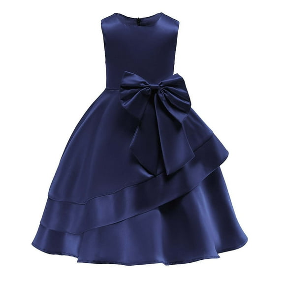 FAOWME Baby Girls Bow Princess Dress Mid-Length Casual & Party Gown For Toddler Dark Blue 6-7 Years