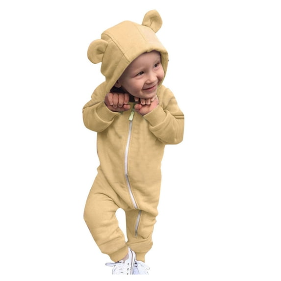 FAOWME Baby Girls Boys Cartoon Ear Solid Color Jumpsuit Onesie Soft Romper Clothes Khaki 18-24 Months
