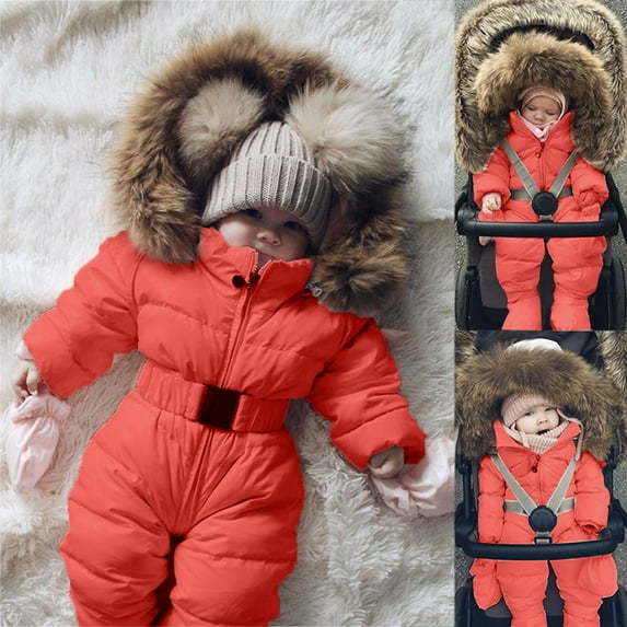 FAOWME Baby Girls Boys Warm Thick Hooded Jacket Long Sleeve Solid Color Zipper Comfortable Fashion Jumpsuit Romper Coat For Winter Daily Wear,Orange,6-9 Months