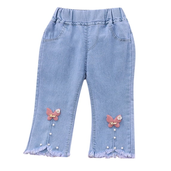 FAOWME Baby Girls Capri Denim Pants Toddler Kids Pants Jeans Soft Elastic Waist Denim Pants Red 6-12 Months
