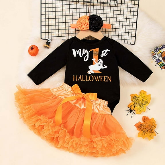 FAOWME Baby Girls Halloween Outfits Long Sleeve Crew Neck Ghost Print Romper And Mesh Tutu Skirt Set For Party Performance Daily Wear,Orange,6-12 Months