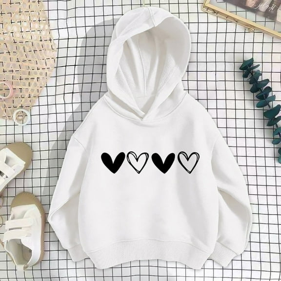 FAOWME Baby Girls Hoodies Long Sleeve Love Heart Print Loose Fit Stylish Sweatshirts For Fall Winter Outdoor Activities White 5-6 Years