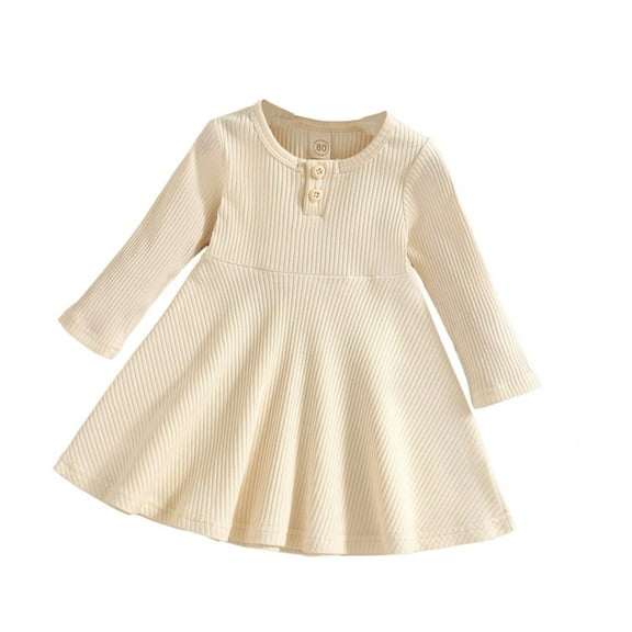 FAOWME Baby Girls Solid Color Ribbed Autumn Long Sleeve Princess Dress Headbands Clothes White 2-3 Years