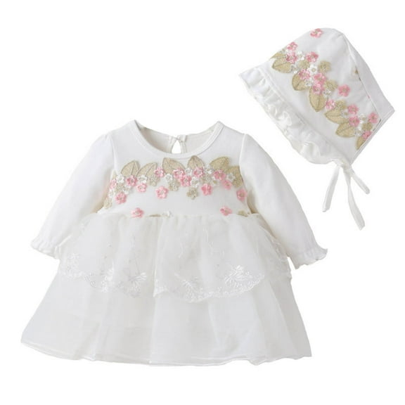 FAOWME Baby Girls Spring Spring Tulle Solid Color Long Sleeve Birthday Party Princess Dress Hat Clothes White 9-12 Months