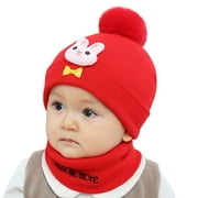 FAOWME Baby Kids Boy Girl Pompom Hat Winter Warm Knit Bobble Beaniess Cartoon Cap Scarf Set Red One Size