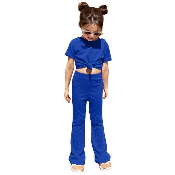 FAOWME Baby Kids Girls Boys Autumn Solid Color Short Sleeve T-Shirt Long Pants Set Outfits Clothes Blue 3-4 Years