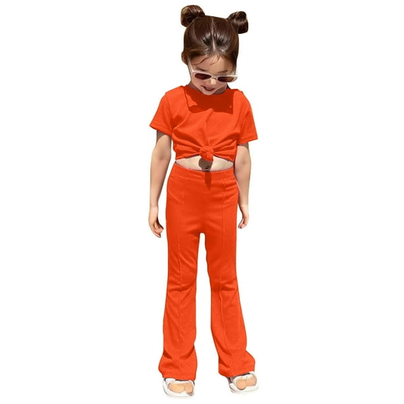 FAOWME Baby Kids Girls Boys Autumn Solid Color Short Sleeve T-Shirt Long Pants Set Outfits Clothes Orange 9-10 Years