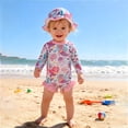 thumbnail image 1 of FAOWME Baby Kids Girls One Piece Swimwear Cartoon Print Long Sleeve Upf 50+ Rash Guard Ruffles Comfortable Stylish Swimsuit Hat For Beach Pool,Light Purple,12-15 Month, 1 of 4
