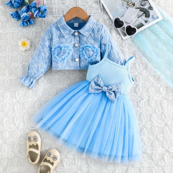 FAOWME Baby Kids Girls Set Embroidery Long Sleeve Lapel Buttons Jacket And Suspenders Mesh Tutu Dress Comfortable Fashion Outfit For Daily Wear,Blue,6-9 Months