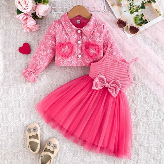 FAOWME Baby Kids Girls Set Embroidery Long Sleeve Lapel Buttons Jacket And Suspenders Mesh Tutu Dress Comfortable Fashion Outfit For Daily Wear,Pink,6-9 Months